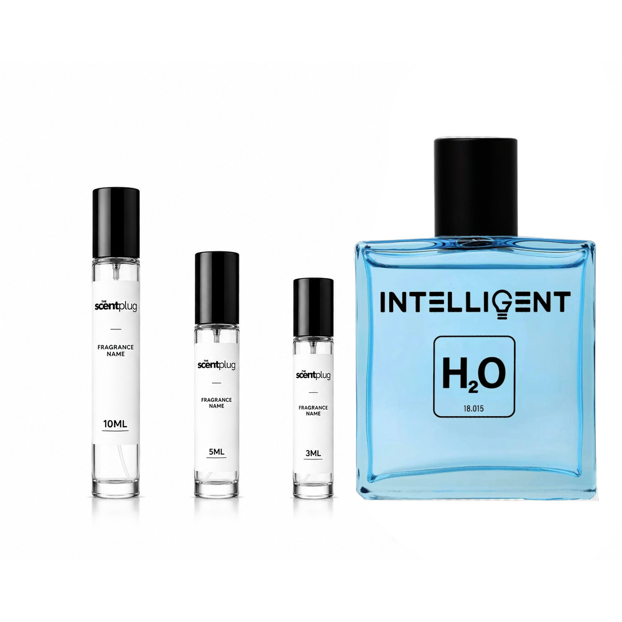 H2O Intelligent Decant sample bottle by The Scent Plug, showcasing sleek design and clear labeling for fragrance distribution.