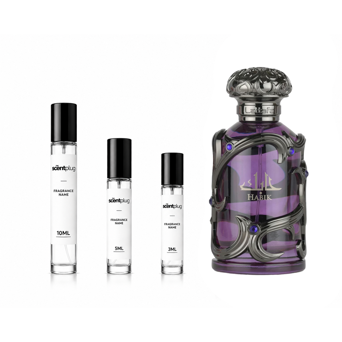 Sample of Habik for Men Lattafa Perfumes decant by The Scent Plug, showcasing the fragrance bottle and packaging.