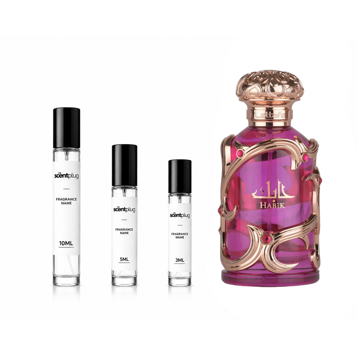 Habik for Women Lattafa perfume sample decant in a small glass vial with a black cap, showcasing the fragrance sample by The Scent Plug.