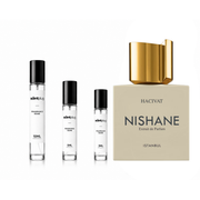 Hacivat Nishane decant sample bottle from The Scent Plug, showcasing the fragrance label and sleek decant container.