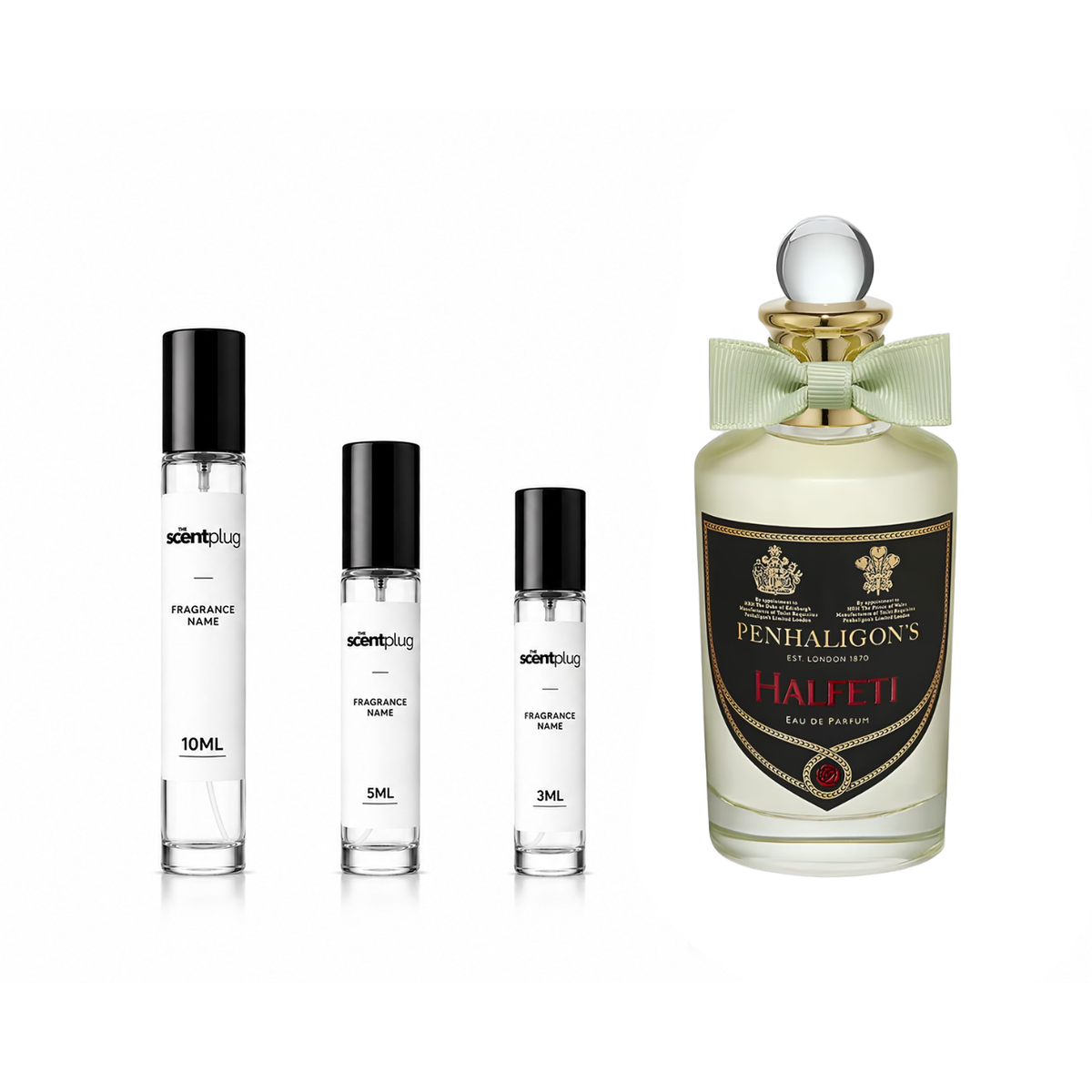 Sample of Halfeti Penhaligon's perfume in a decant bottle from The Scent Plug, showcasing the elegant fragrance container.