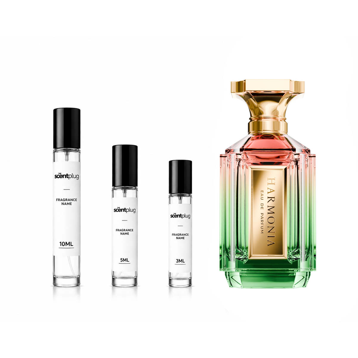 Harmonia Velixir Decant sample bottle by The Scent Plug, with elegant packaging and clear label showing product name.