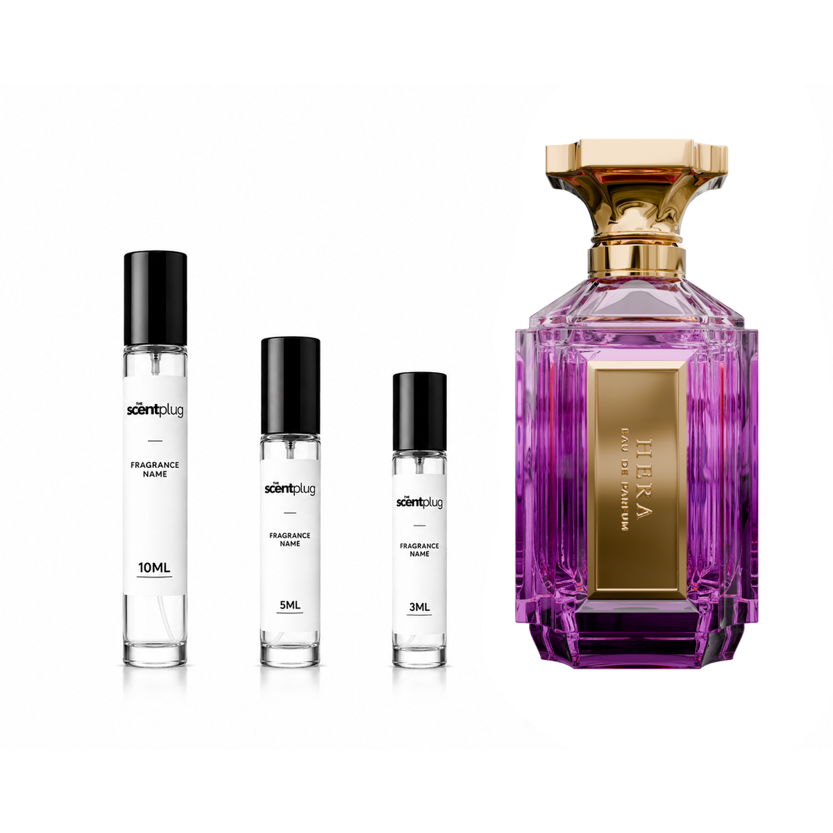 Hera Velixir Decant sample bottle from The Scent Plug, featuring elegant packaging and a clear view of the perfume container.