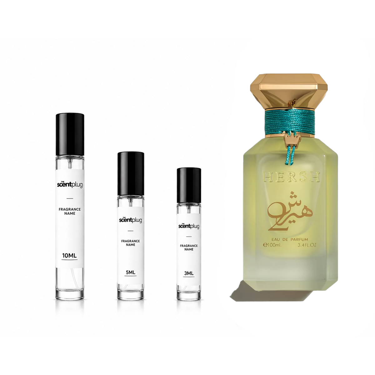 Hersh 2 Alezz Oud decant sample in a small glass bottle, showcasing the luxurious fragrance from The Scent Plug.