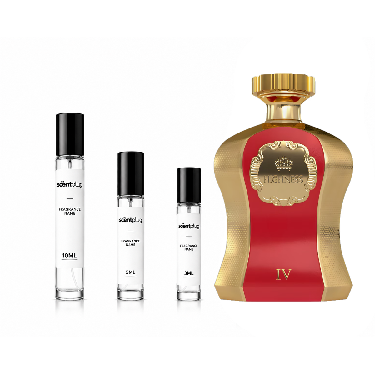Sample of Highness IV Afnan perfume decant by The Scent Plug, featuring elegant packaging and fragrance details.
