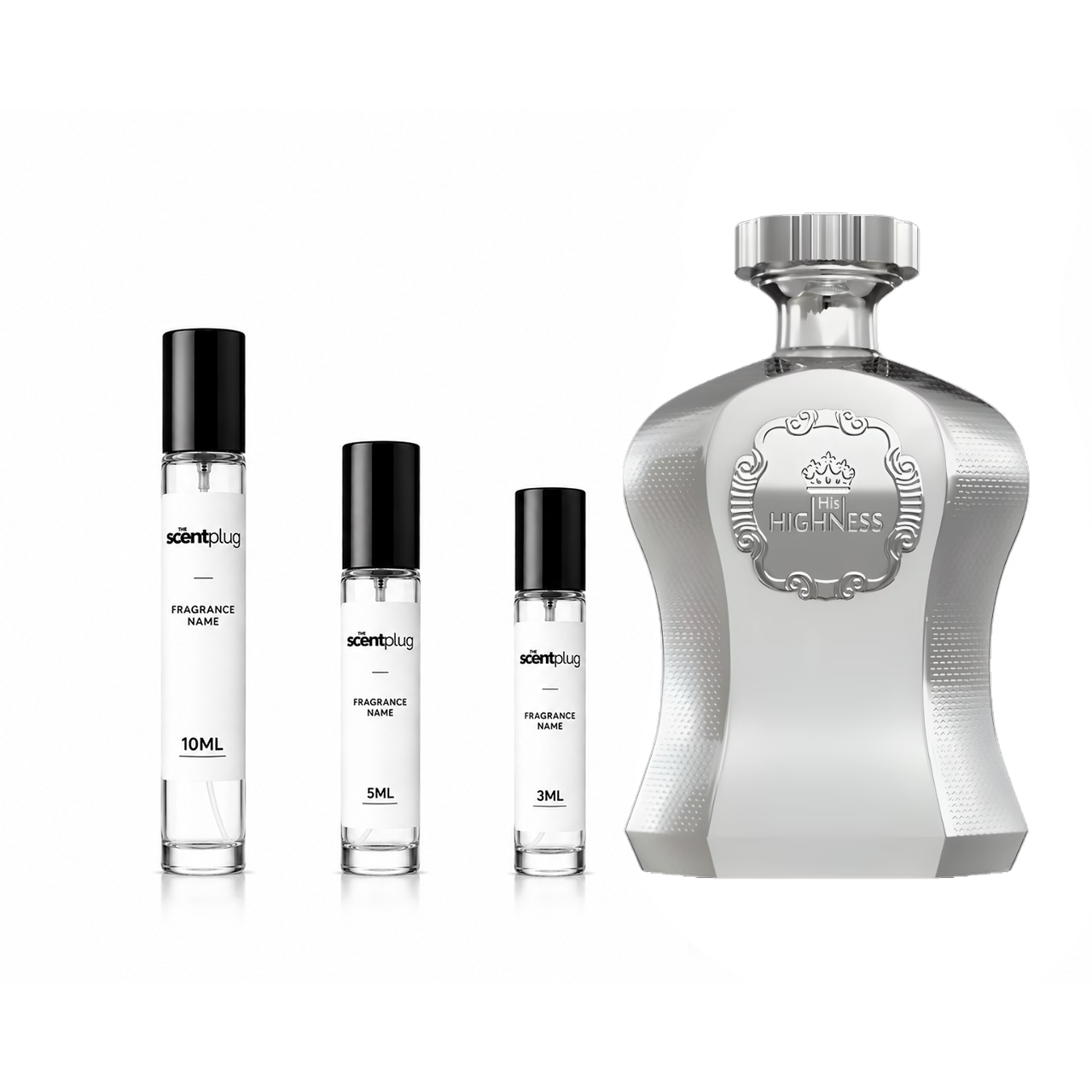 Highness White Afnan decant sample by The Scent Plug, showcasing a sleek, white fragrance bottle with elegant design details.