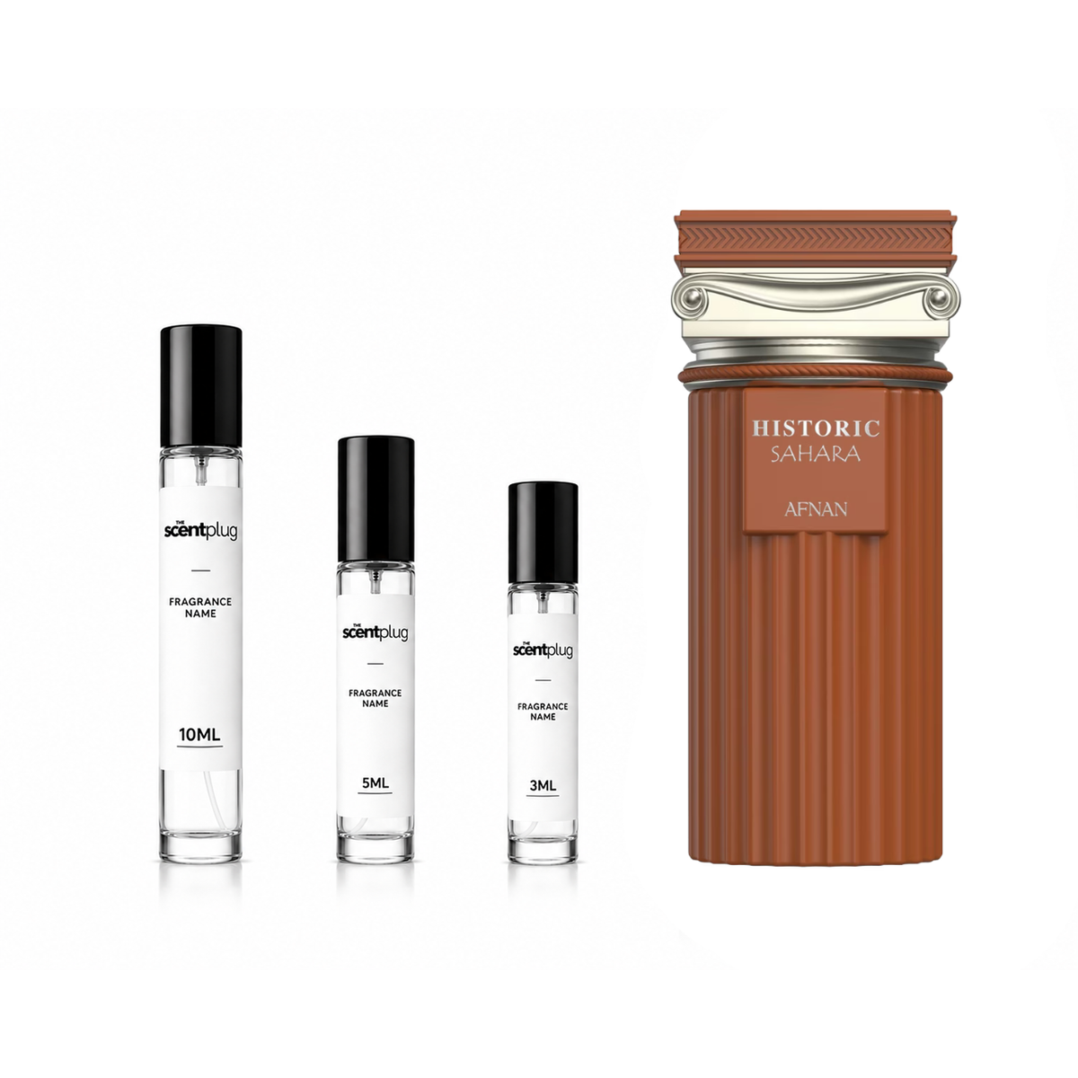 Decant sample of Historic Sahara Afnan perfume by The Scent Plug, showcasing the elegant bottle design and branding.