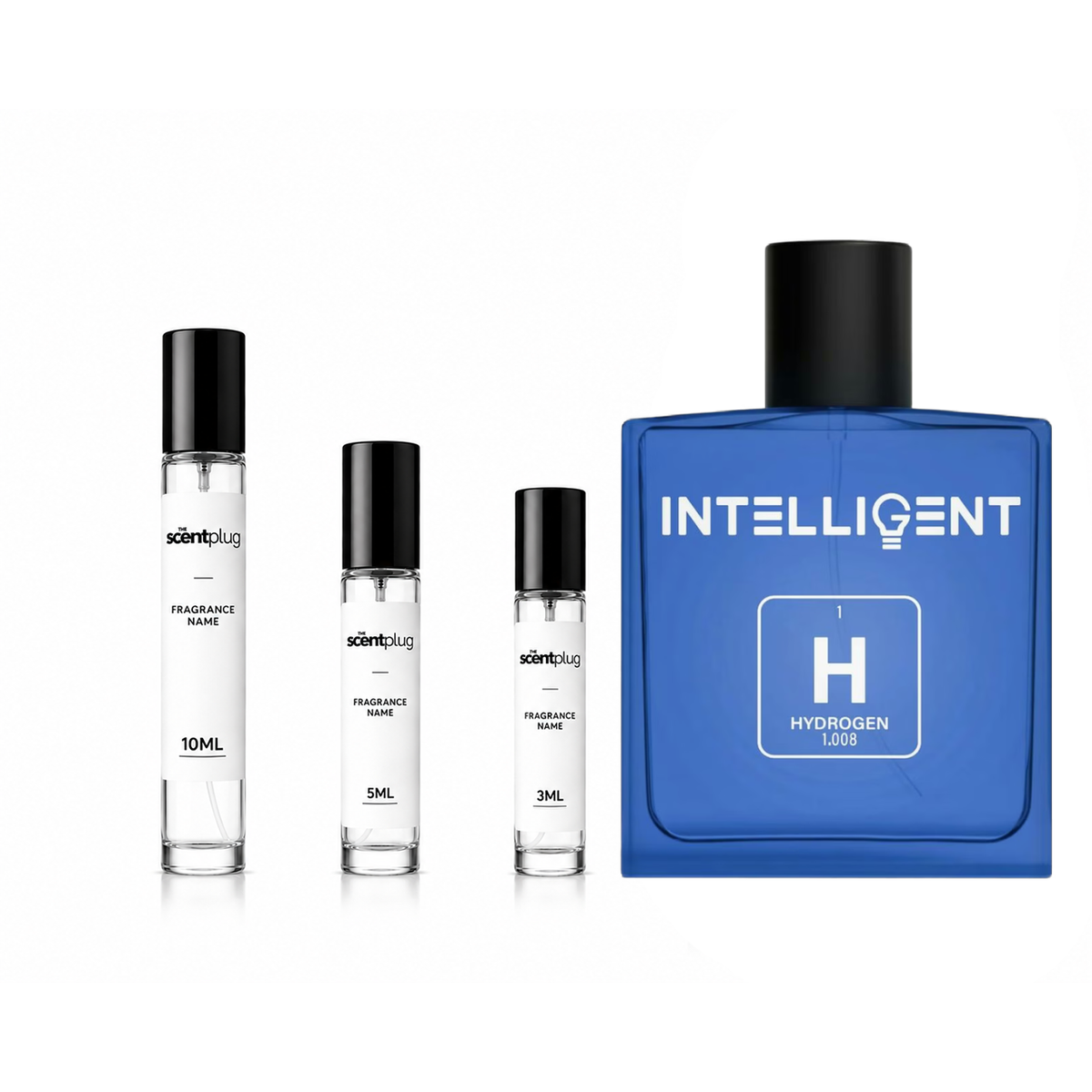 Hydrogen Intelligent Decant sample bottle from The Scent Plug, showcasing sleek design and clear label for fragrance transfer.