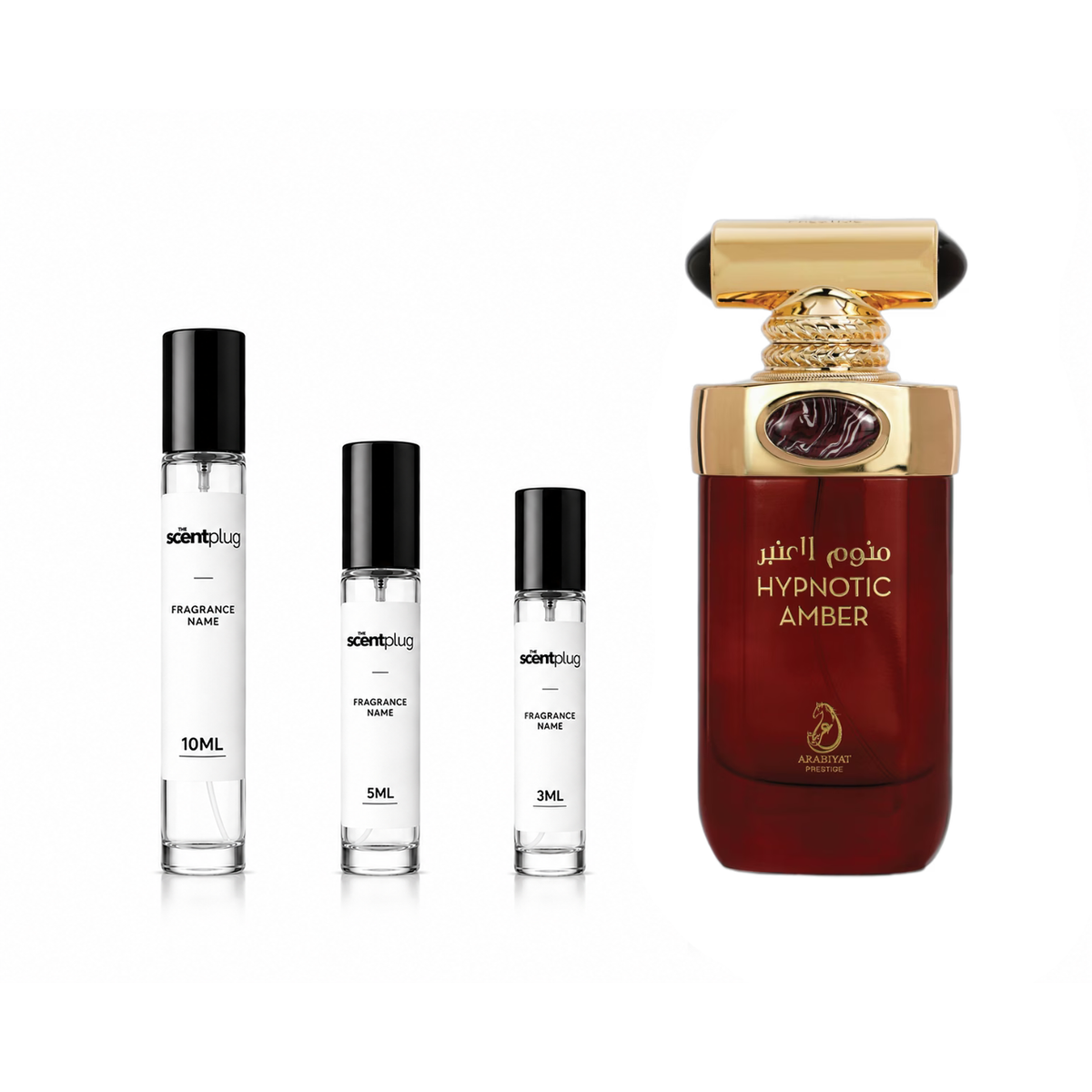 Hypnotic Amber Arabiyat Prestige decant sample by The Scent Plug, featuring a clear glass bottle with amber-colored fragrance.