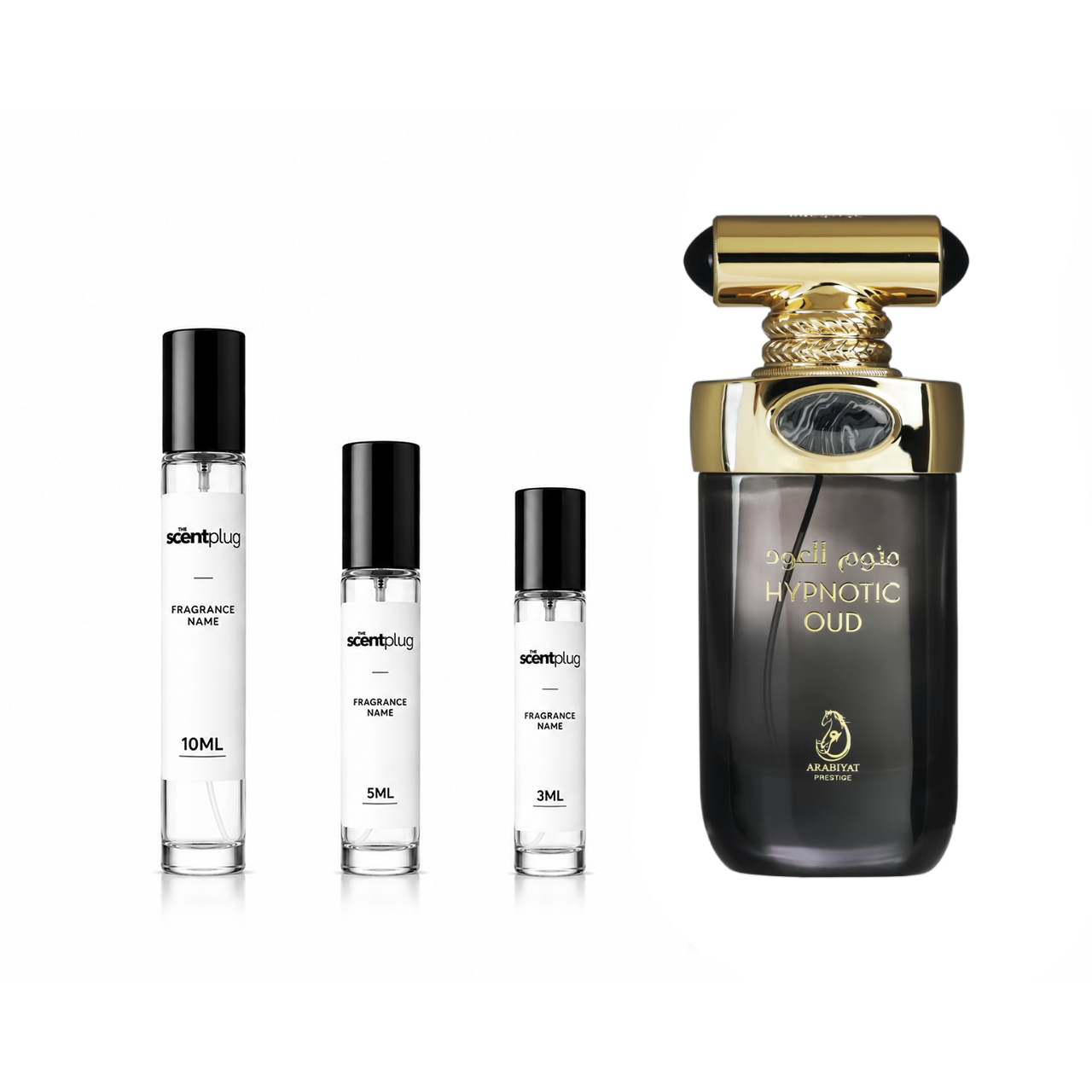 Sample of Hypnotic Oud Arabiyat Prestige perfume by The Scent Plug, showcasing the elegant fragrance decant bottle.
