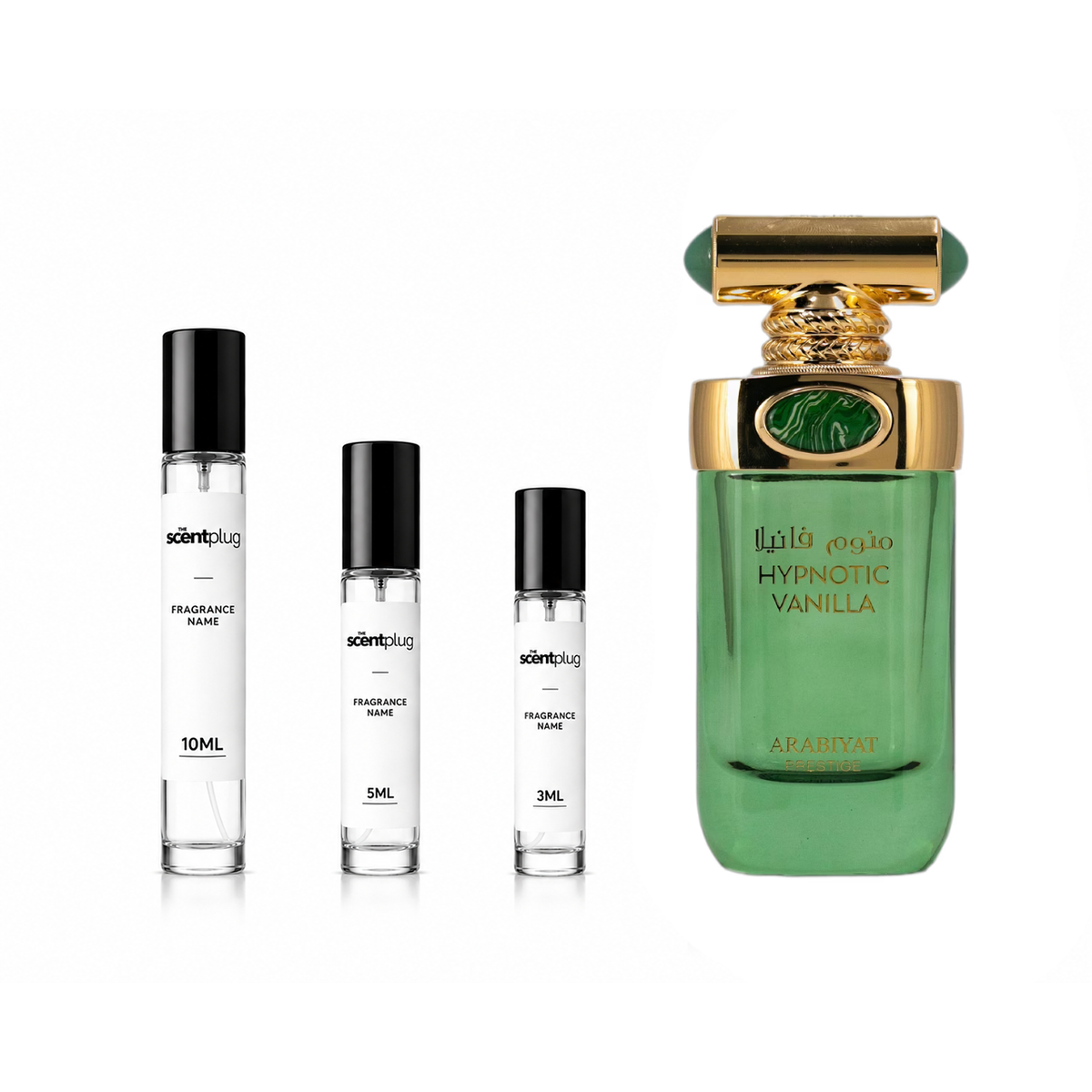 Hypnotic Vanilla Arabiyat Prestige perfume decant by The Scent Plug, showcasing a small sample vial with elegant packaging.