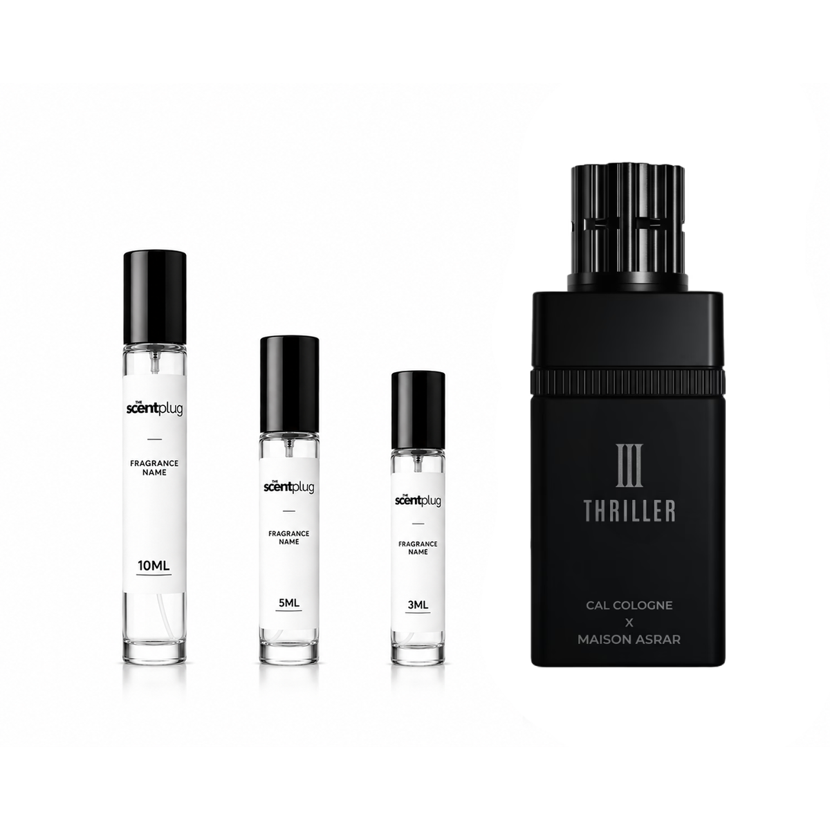 Sample of III THRILLER MAISON ASRAR perfume decant by The Scent Plug, displaying a clear glass vial with a black cap.