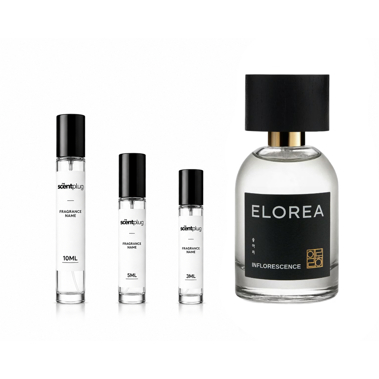 Sample decant of INFLORESCENCE by ELOREA fragrance, featuring floral and fruity notes in a small, clear glass bottle.