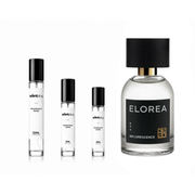 Sample decant of INFLORESCENCE by ELOREA fragrance, featuring floral and fruity notes in a small, clear glass bottle.
