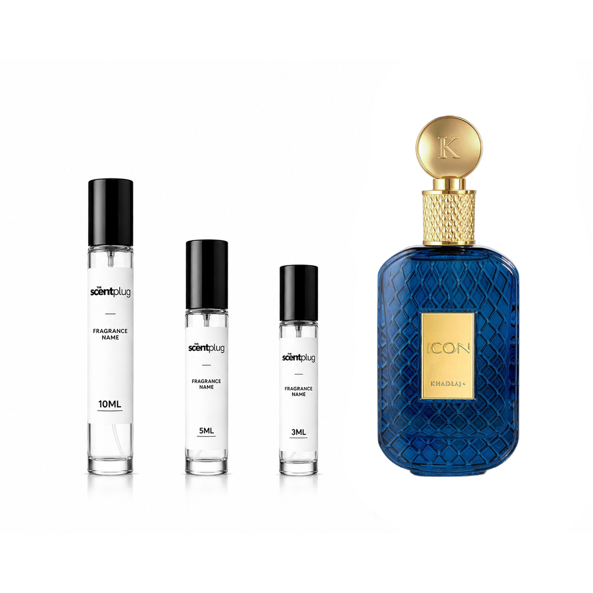 Icon Khadlaj perfumes decant sample by The Scent Plug, showing small glass vial with perfume liquid and label.