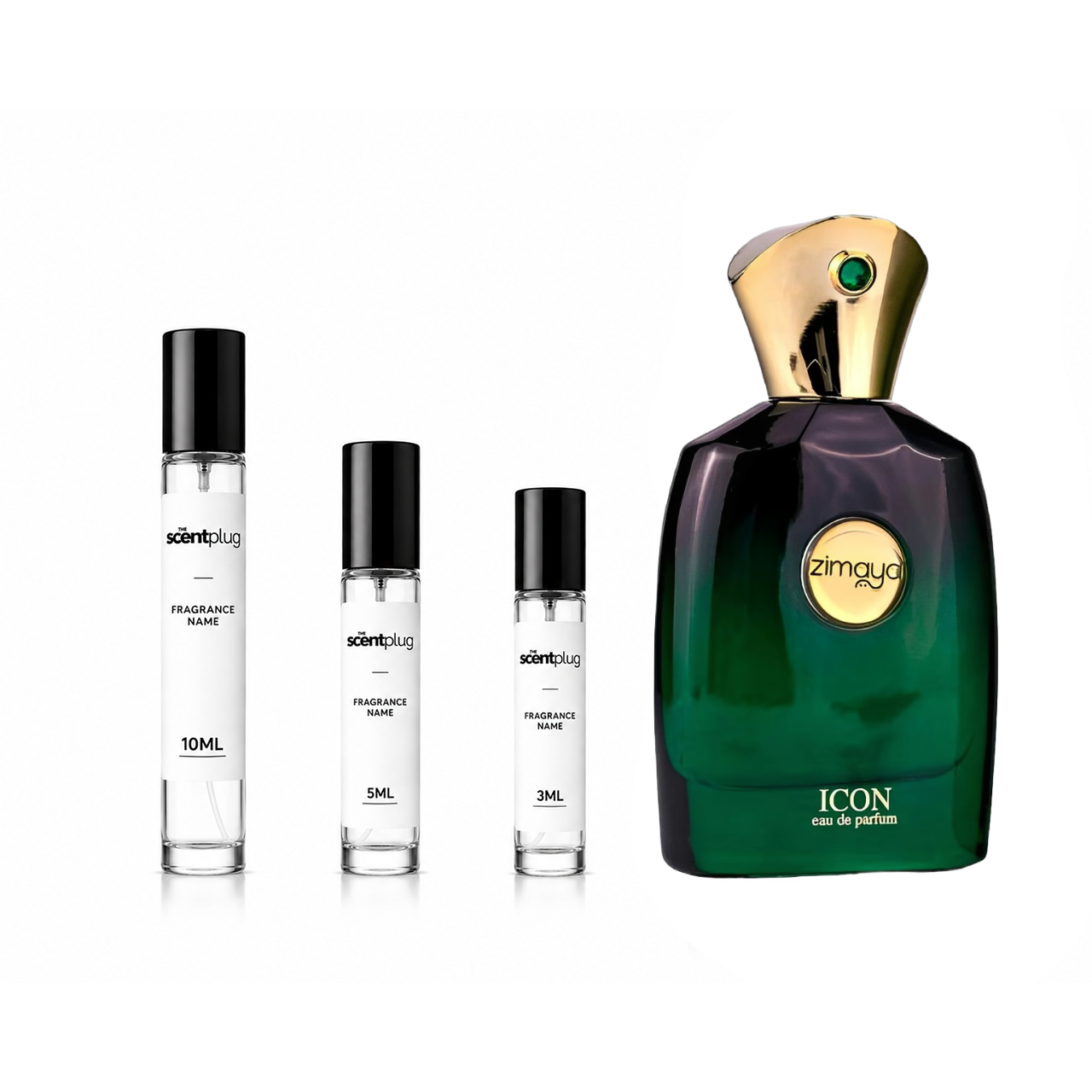 Icon Zimaya decant sample from The Scent Plug, showing a clear glass vial with a black cap and a label with product details.