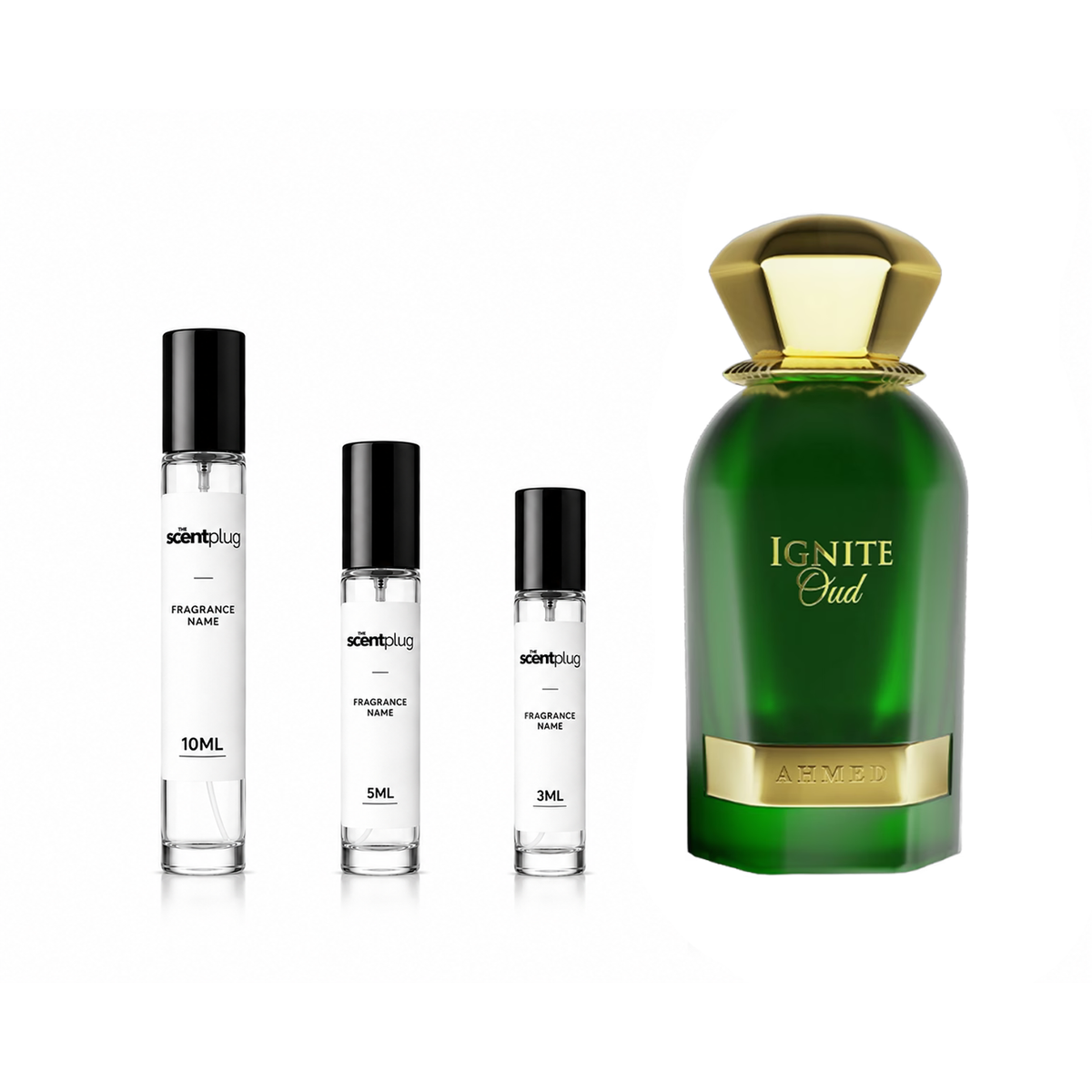 Sample of Ignite Oud Ahmed Al Maghribi perfume decant by The Scent Plug, featuring a sleek glass bottle with a dark fragrance liquid.
