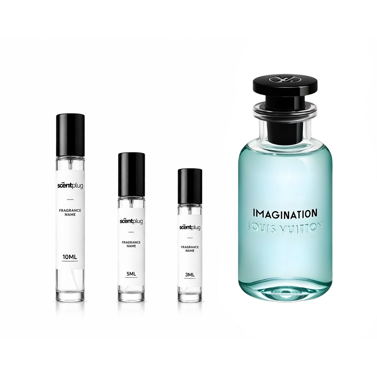 Imagination Louis Vuitton decant sample by The Scent Plug, showcasing a sleek fragrance bottle with elegant design details.