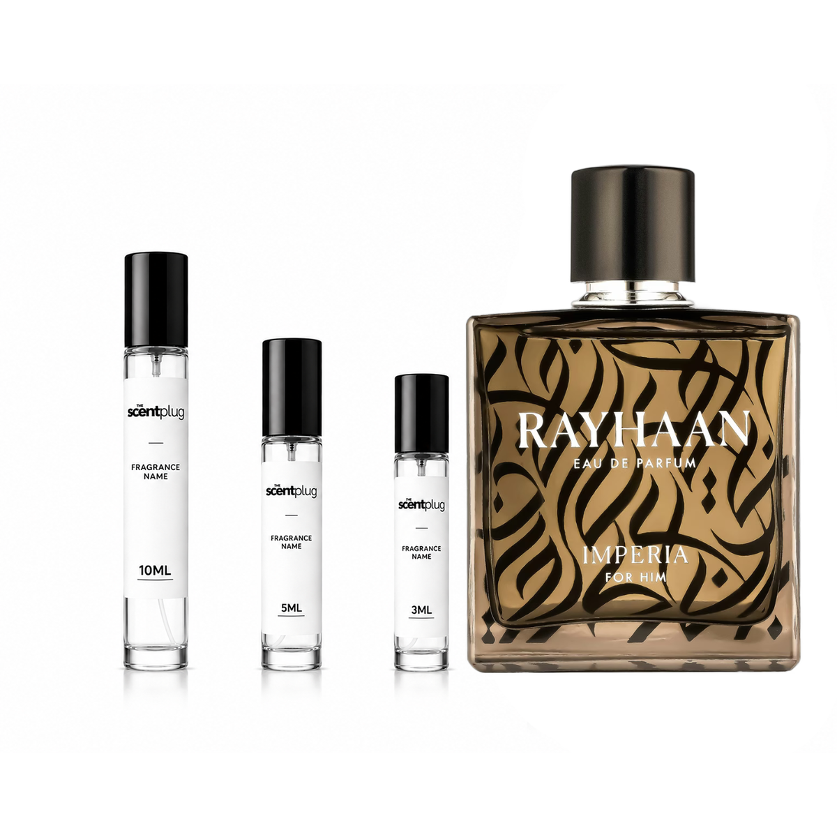 Imperia Rayhaan decant sample by The Scent Plug showing a clear glass bottle with a black cap, used for fragrance testing and sampling.