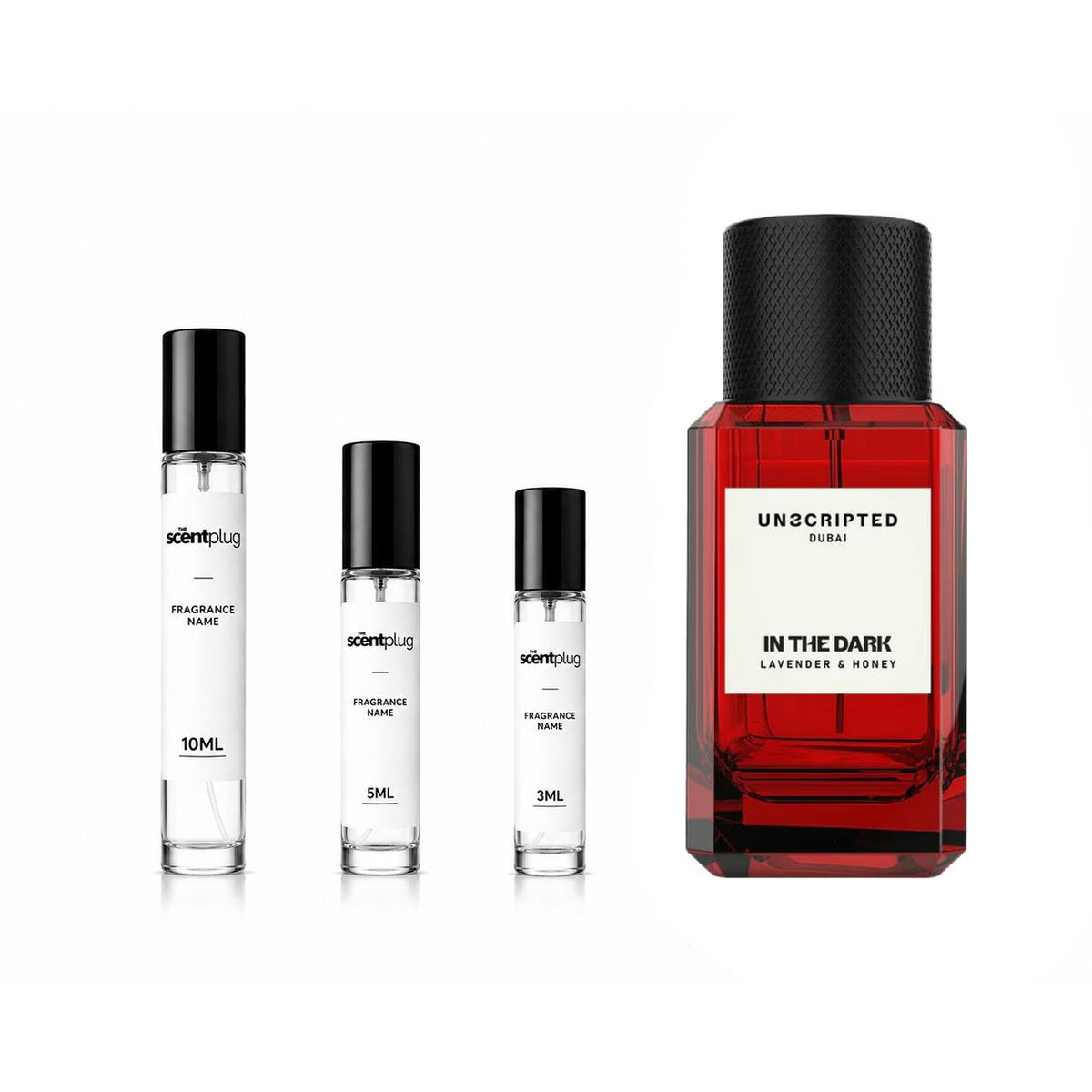 Sample of In The Dark Unscripted perfume decant by The Scent Plug, showcasing the fragrance bottle and packaging.