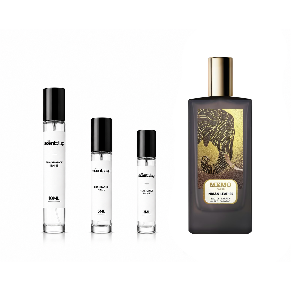 Indian Leather Memo Paris decant sample by The Scent Plug, showcasing a small glass vial filled with aromatic leather fragrance.
