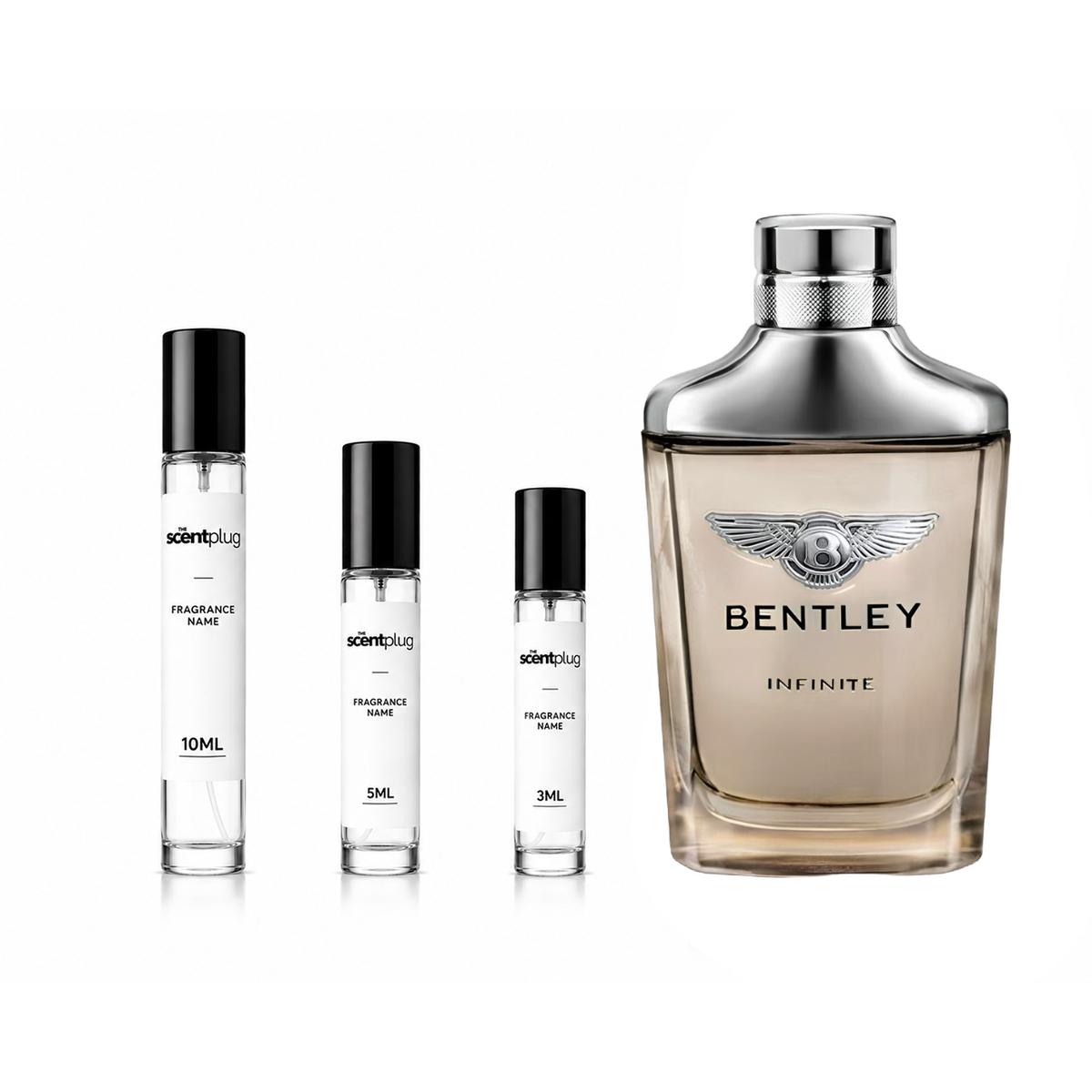 Sample of Bentley Infinite Eau de Toilette decant by The Scent Plug, showcasing the fragrance bottle and packaging.