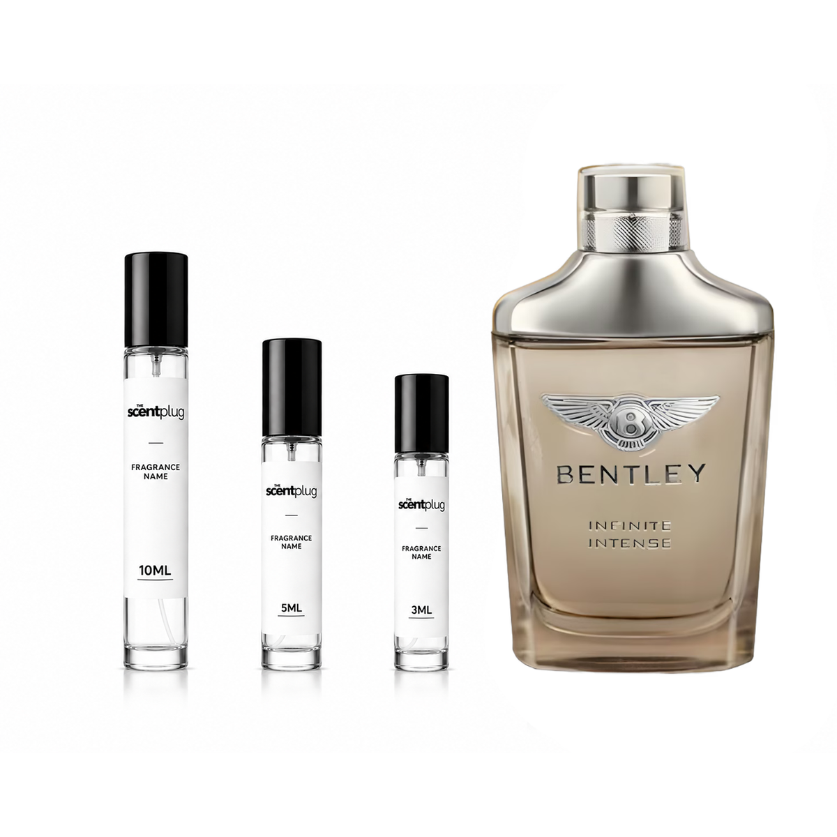 Sample of Infinite Intense Bentley fragrance by The Scent Plug, showcasing the decant bottle with elegant design and branding.