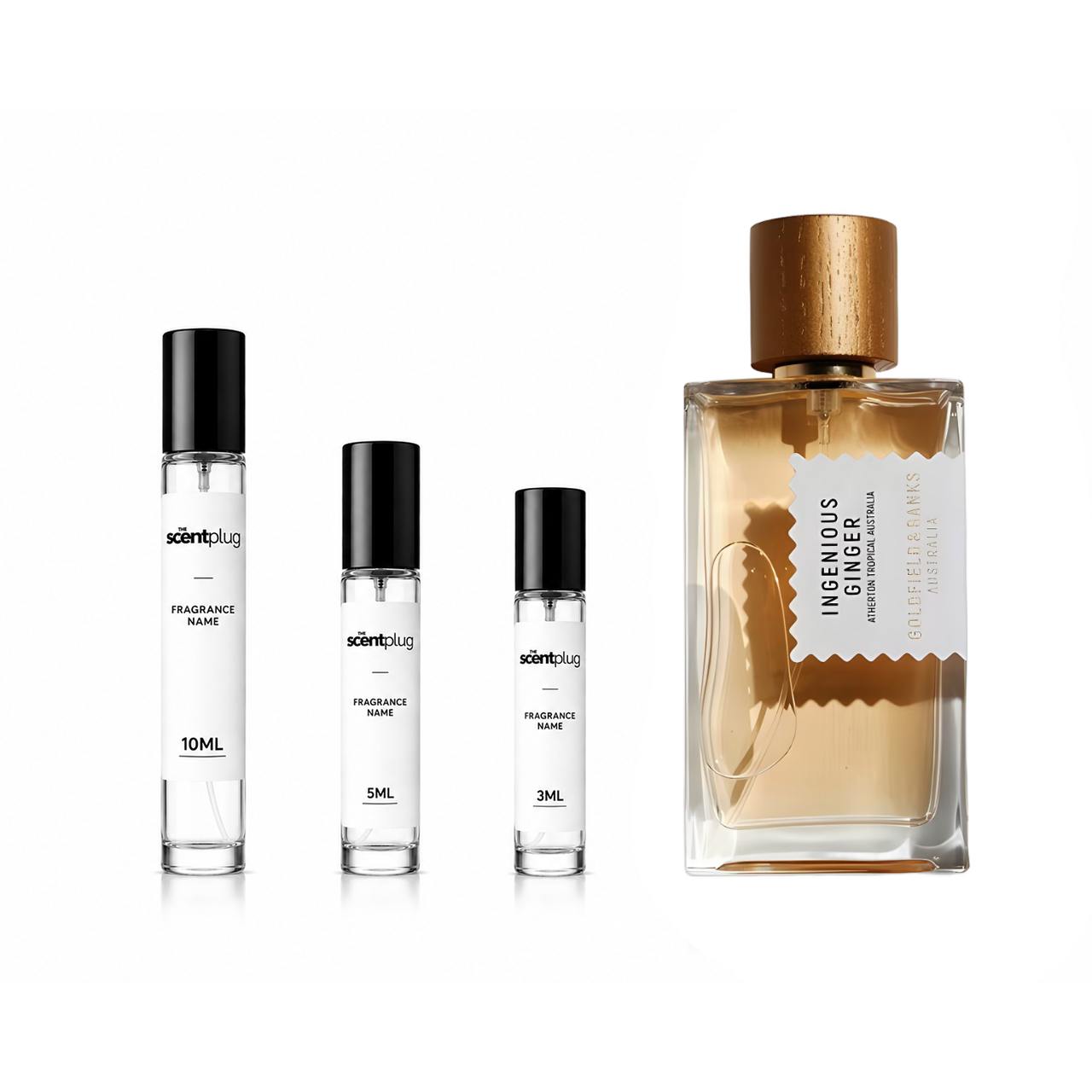 Sample of Ingenious Ginger Goldfield by Banks Australia from The Scent Plug, showcasing a decant bottle with aromatic ginger scent.
