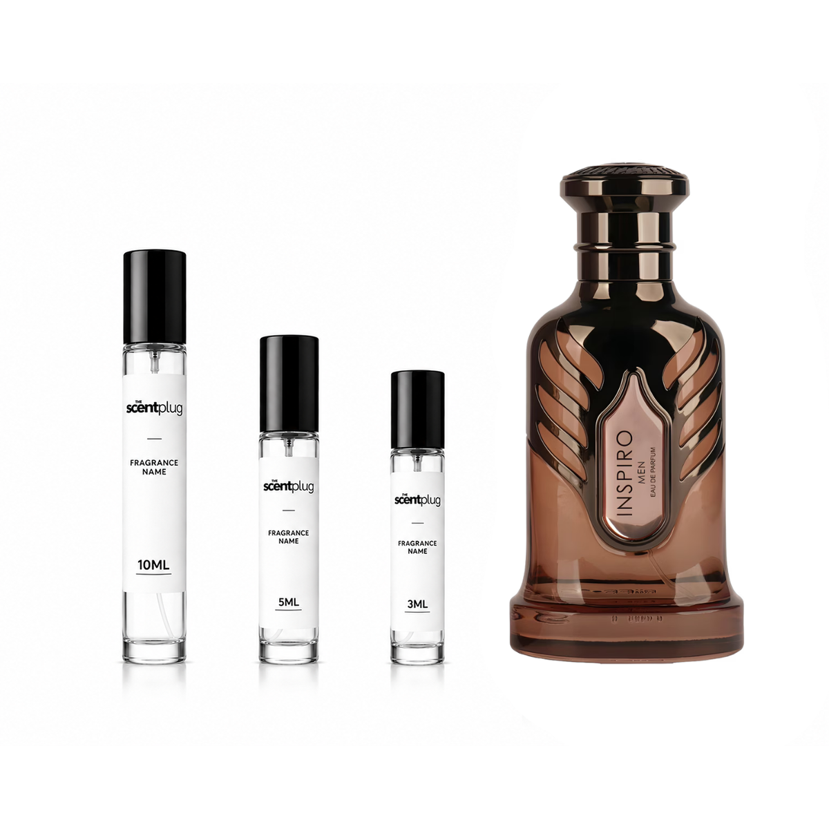 Inspiro Men Riiffs perfume decant sample by The Scent Plug, featuring a sleek bottle and elegant packaging.