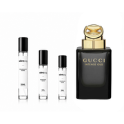 Sample bottle of Intense Oud Gucci fragrance by The Scent Plug, showcasing the elegant perfume decant with the brand label.