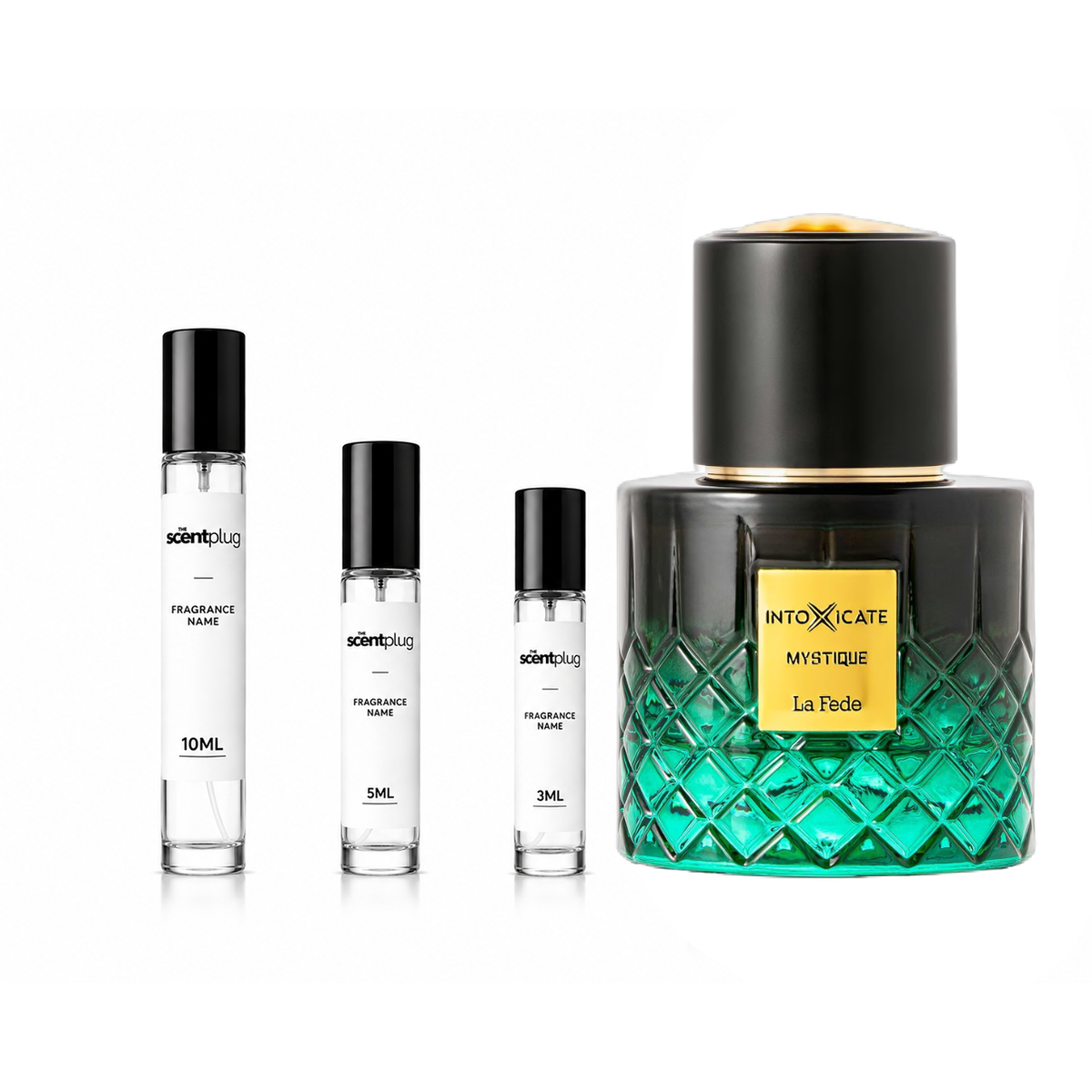 Intoxicate Mystique Khadlaj perfume decant sample by The Scent Plug, showing the small fragrance vial with elegant packaging