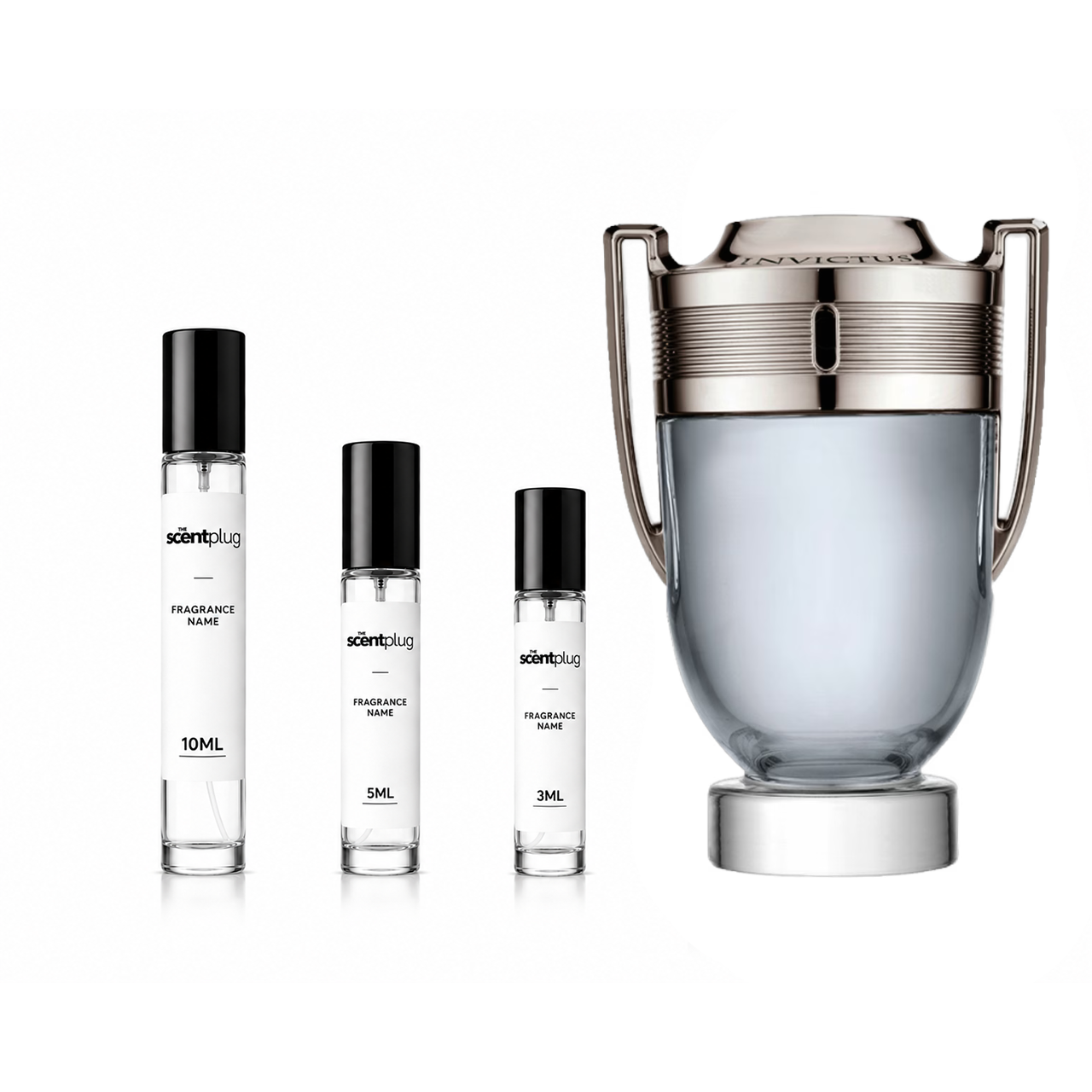 Invictus by Rabanne scent decant sample bottle with branding and label visible for fragrance testing.