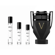 Invictus Victory Absolu fragrance sample by Rabanne, showcasing the perfume bottle with gold accents and sporty design.