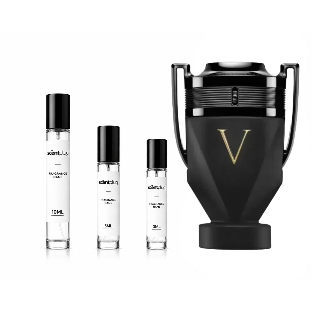 Invictus Victory Absolu fragrance sample by Rabanne, showcasing the perfume bottle with gold accents and sporty design.