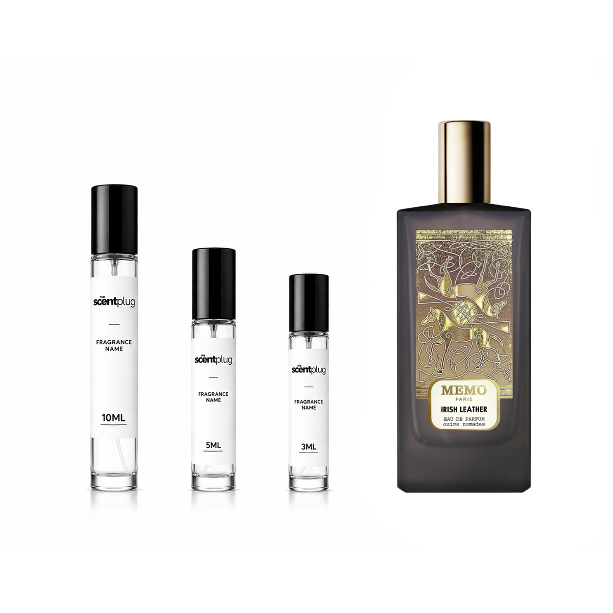 Irish Leather Memo Paris sample decant by The Scent Plug, featuring a glass bottle with Irish Leather scent for personal use.