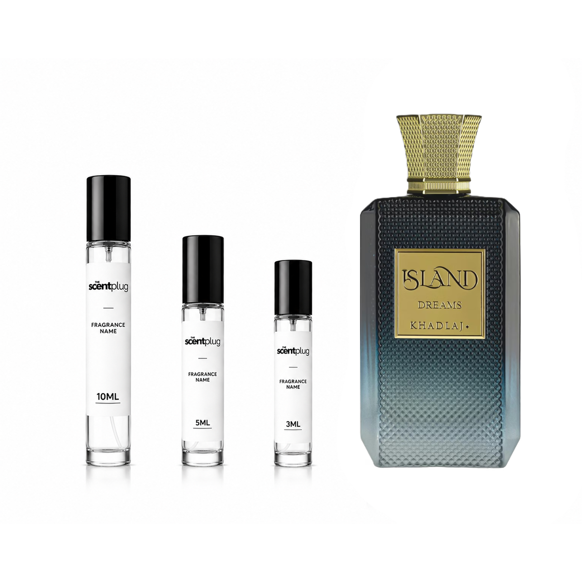 Sample image of Island Dreams Khadlaj perfume decant by The Scent Plug, showcasing the small perfume bottle with elegant design.