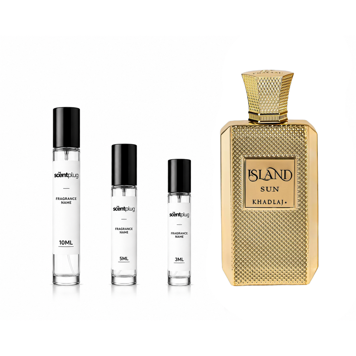 Sample of Island Sun Khadlaj decant by The Scent Plug, showcasing the fragrance bottle and branding details.