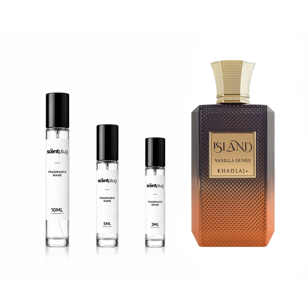 Sample decant of Island Vanilla Dunes Khadlaj perfume by The Scent Plug, showing the small glass bottle with a black cap.