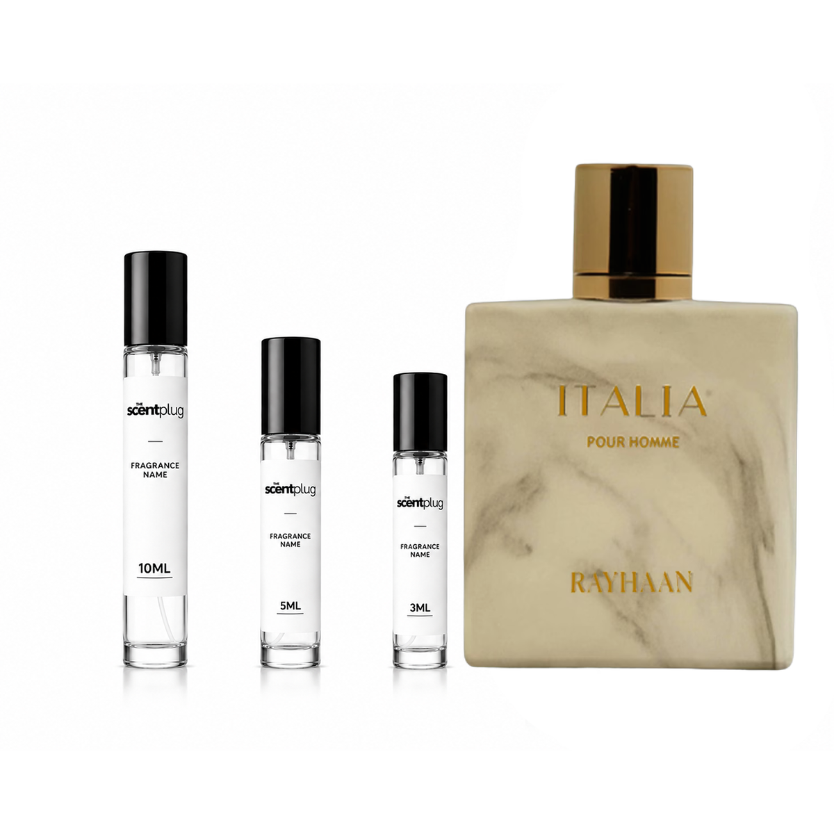 Sample Italia Rayhaan decant by The Scent Plug, showcasing a clear glass bottle with a sleek design and elegant fragrance label.