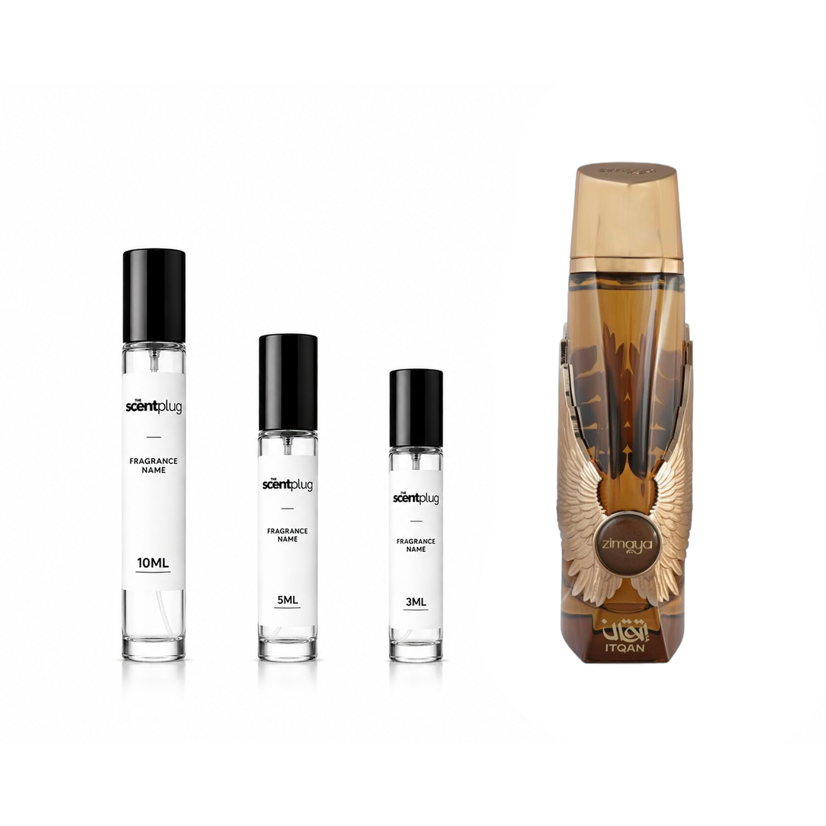Itqan Gold Zimaya perfume decant sample from The Scent Plug, featuring a luxurious, gold-themed fragrance bottle design.