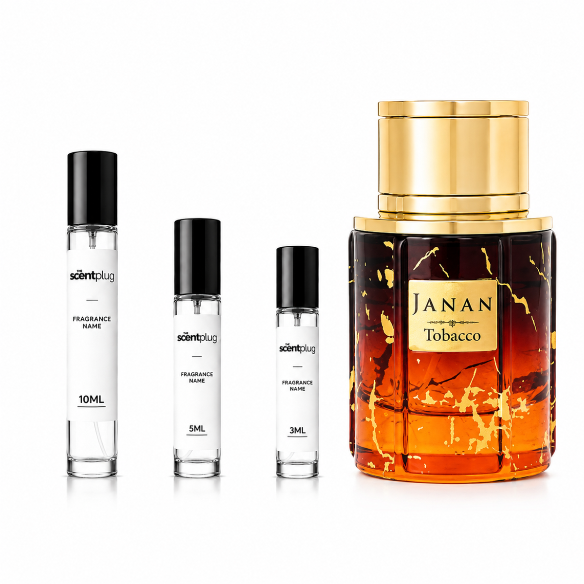 Sample of J. Janan Tobacco Decant by The Scent Plug, showcasing the bottle with a sleek design and tobacco-themed label.