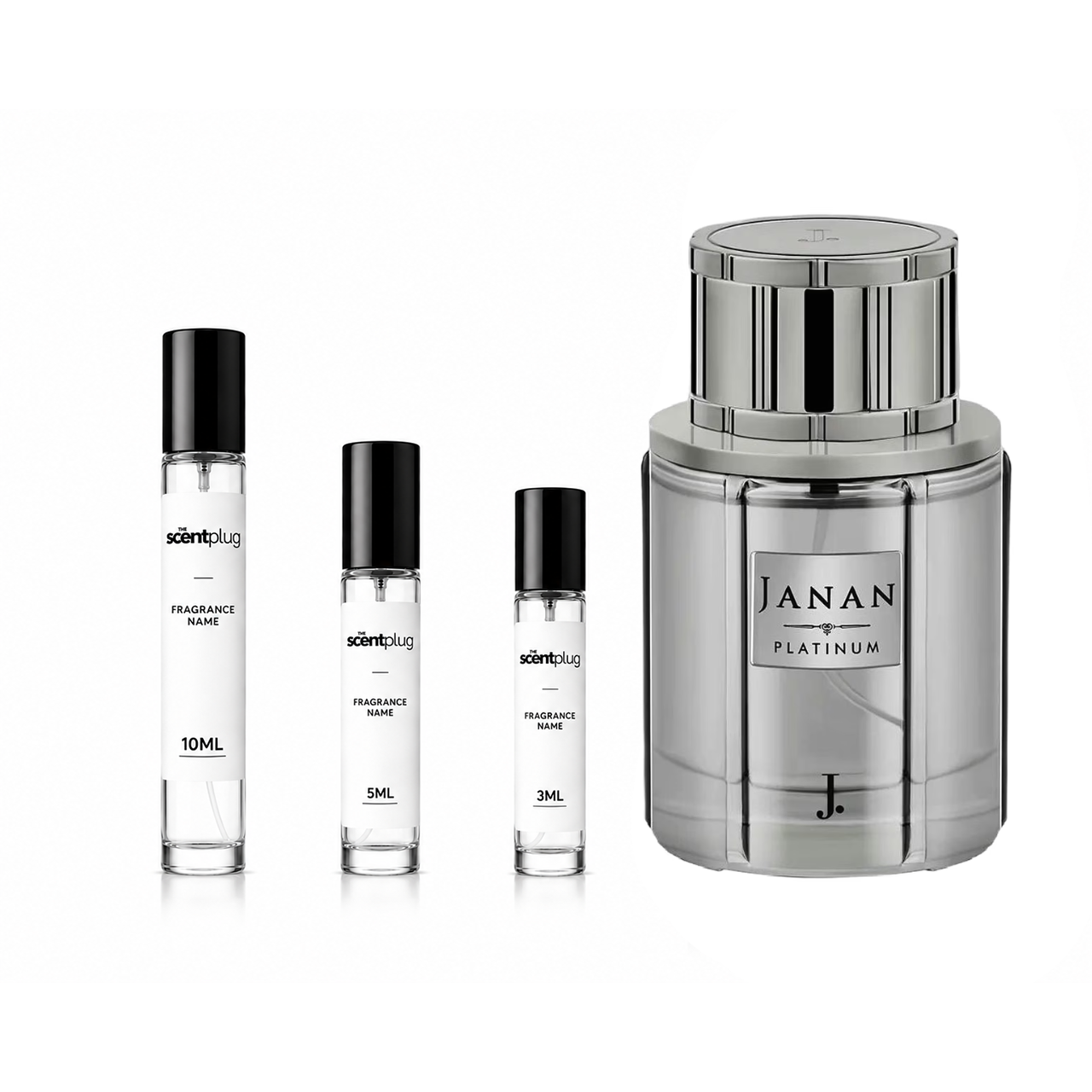 Janan Platinum J decant sample bottle from The Scent Plug, showcasing a sleek design and label on a clear container.