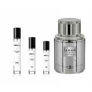 Janan Platinum J decant sample bottle from The Scent Plug, showcasing a sleek design and label on a clear container.