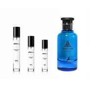 Jean Lowe Azure Maison Alhambra decant sample by The Scent Plug, showcasing a sleek glass bottle with a blue-tinted fragrance label.