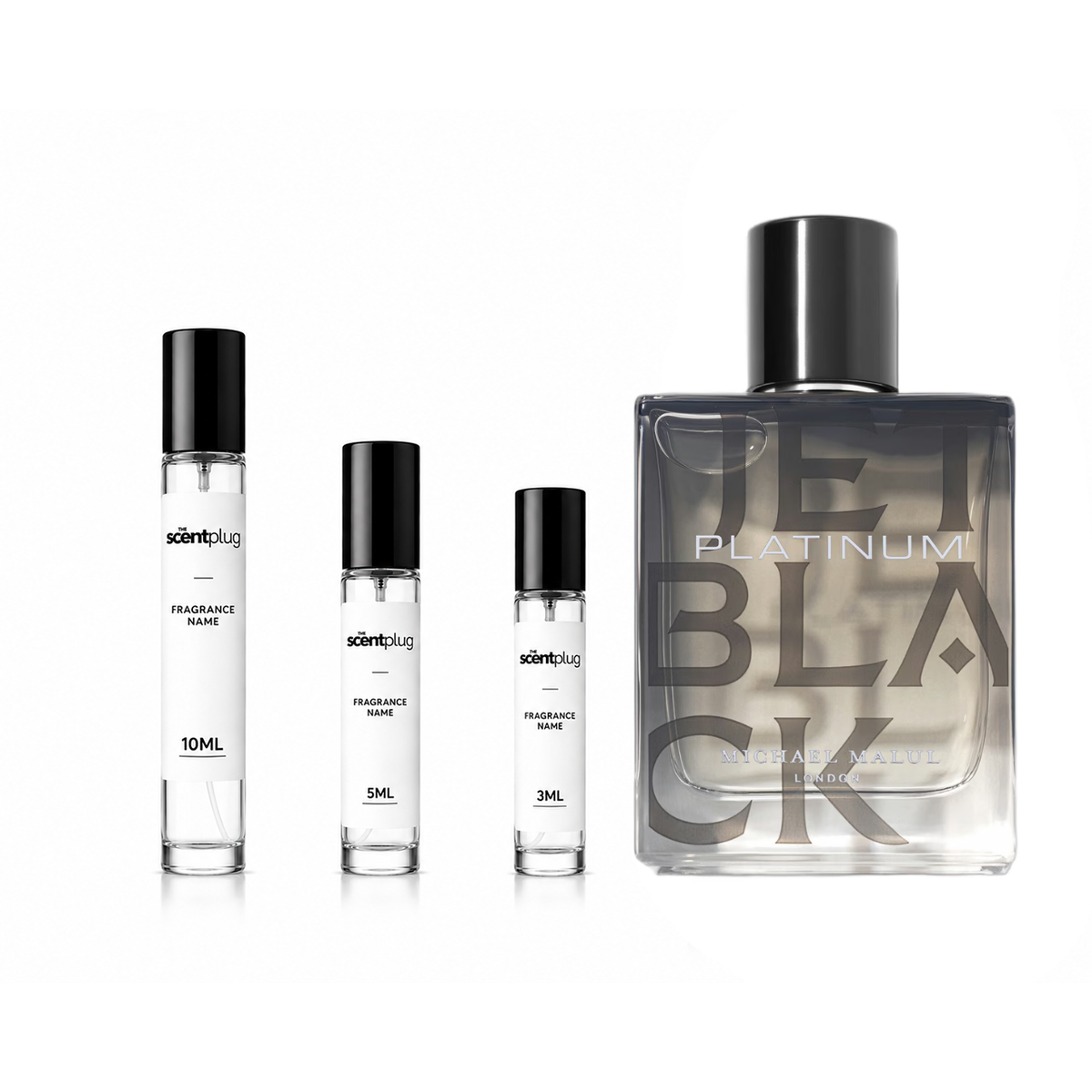 Jet Black Platinum Michael Malul London decant sample bottle with sleek black design and label details, showcasing the fragrance sample.