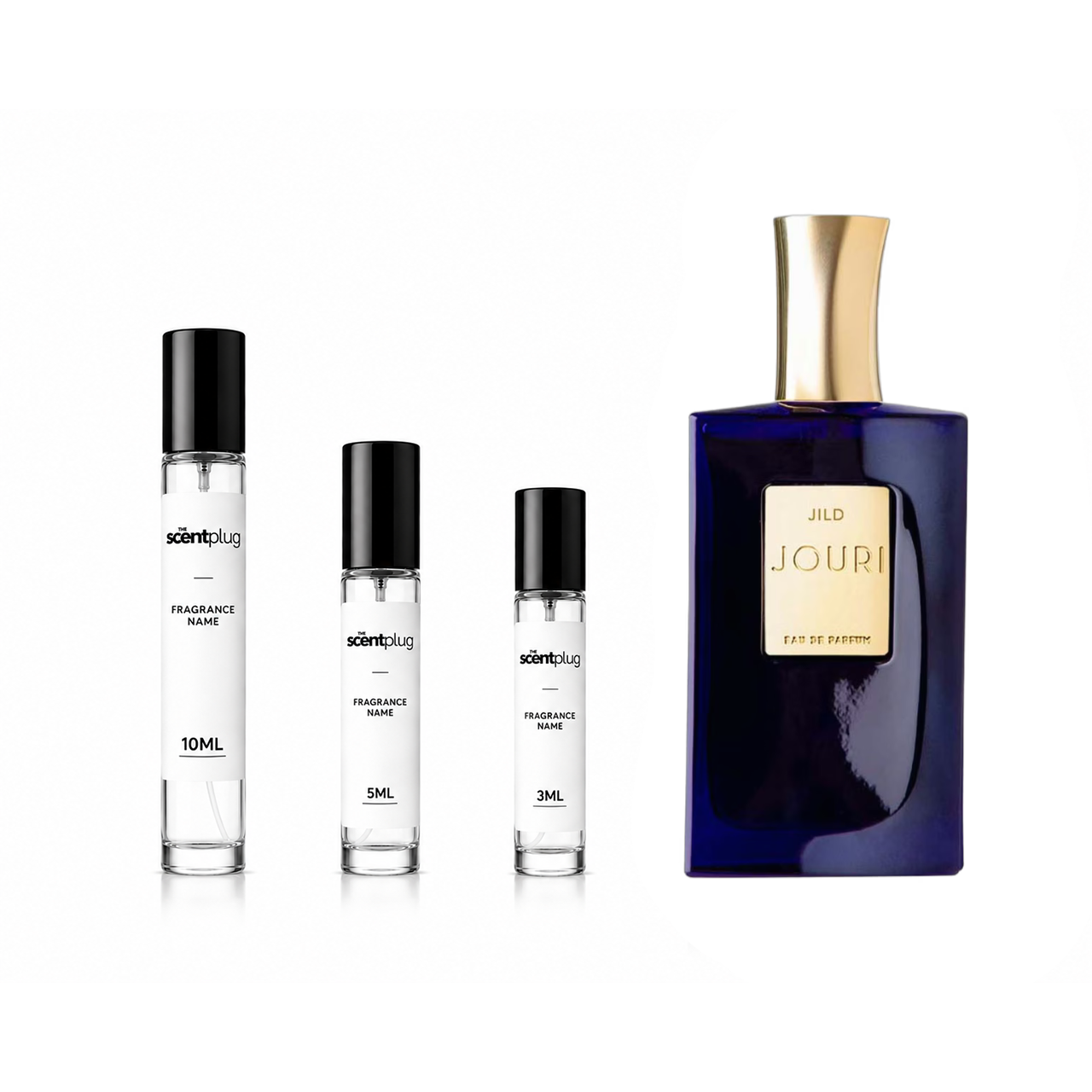Sample of Jild Jouri decant by The Scent Plug, showing a clear fragrance bottle with a black cap and minimalist label design.