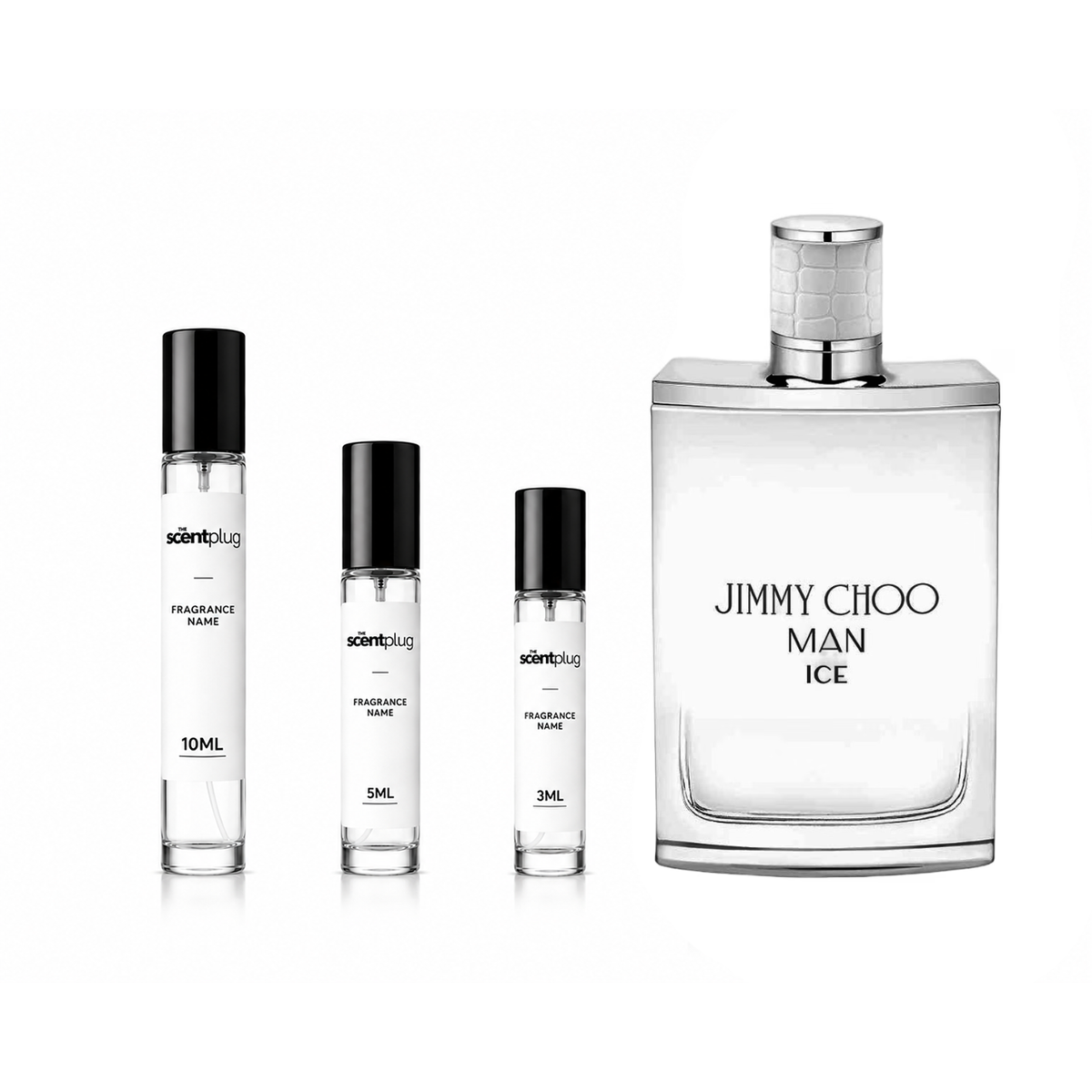Jimmy Choo Man Ice decant sample bottle from The Scent Plug, showcasing the sleek, clear container with the Jimmy Choo Man Ice fragrance label.