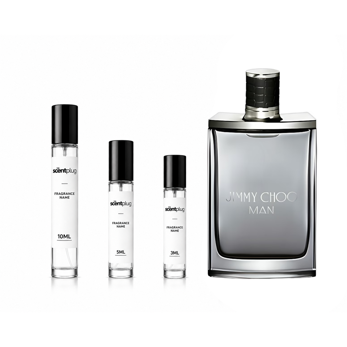 Jimmy Choo Man cologne sample bottle from The Scent Plug, featuring sleek packaging and branding for men's fragrance.