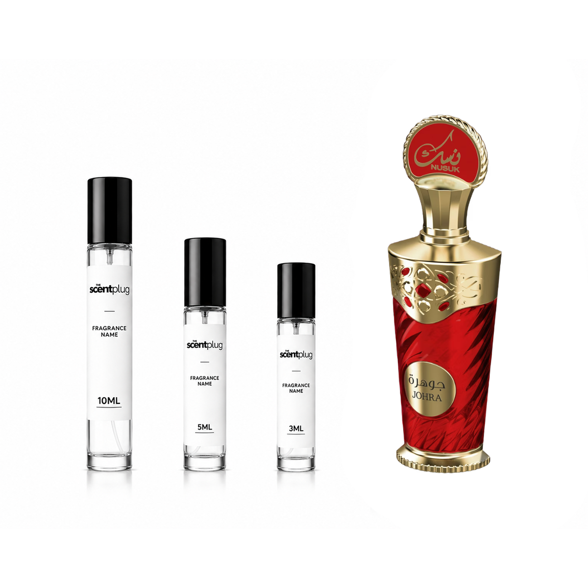 Johra Nusuk Decant sample from The Scent Plug, showcasing a sleek bottle design for this luxury fragrance.