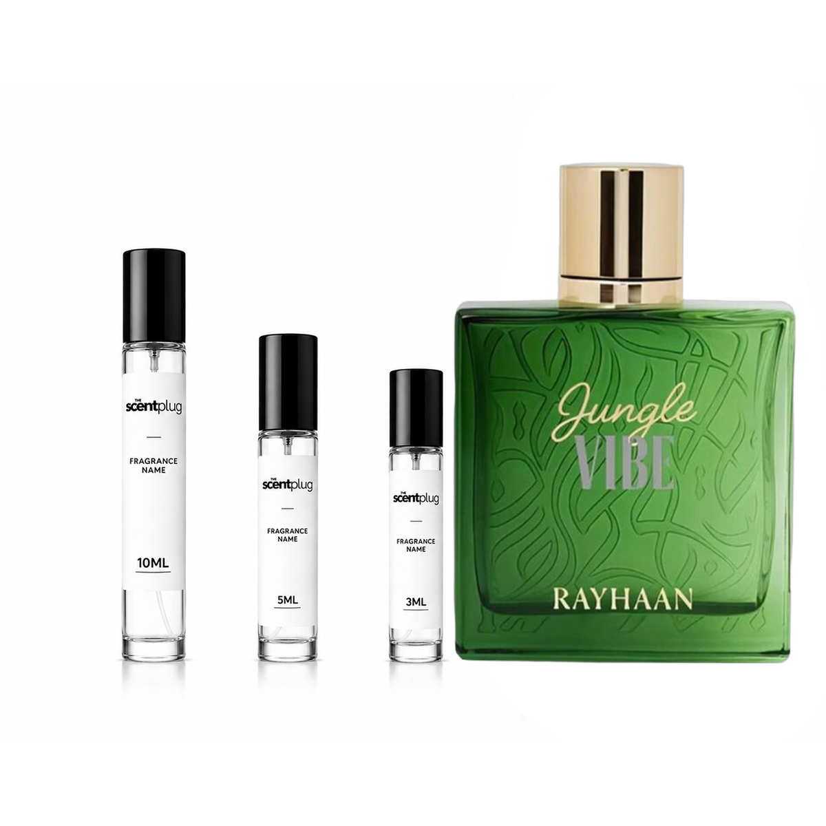 Jungle Vibe Rayhaan perfume sample by The Scent Plug showing the decant container with jungle-themed label design